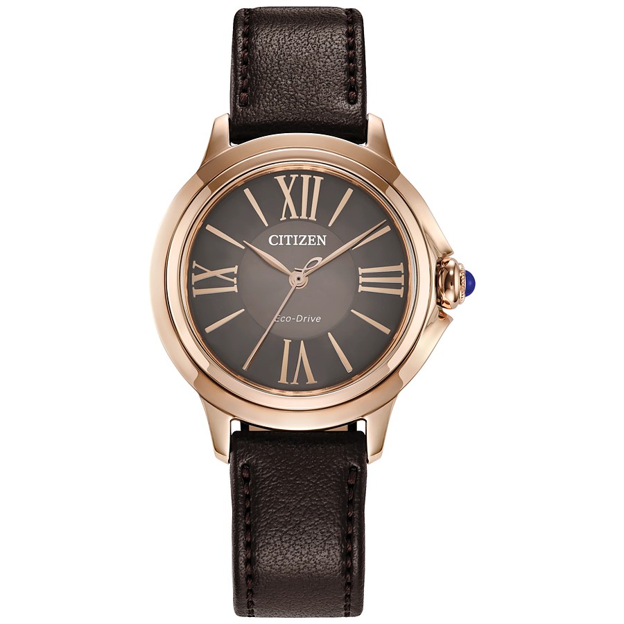 Citizen Eco-Drive Damenuhr in Roségold mit braunem Zifferblatt und Lederband bei Juwelier bouz