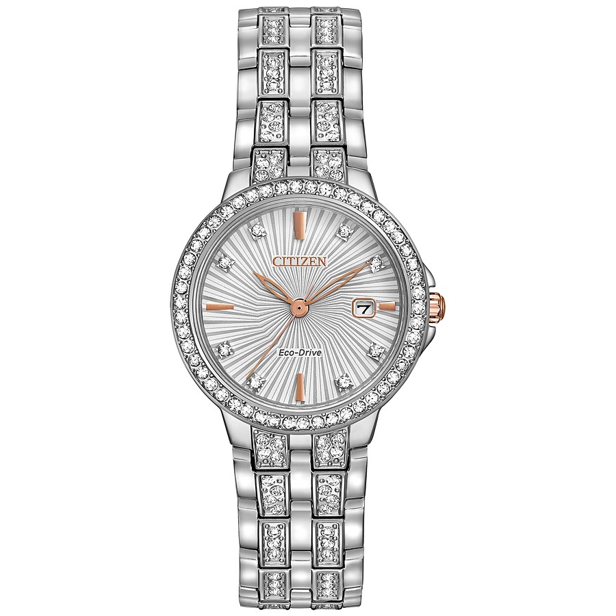 Citizen Eco-Drive Damenuhr mit Kristallbesatz an Lünette und Armband bei Juwelier bouz