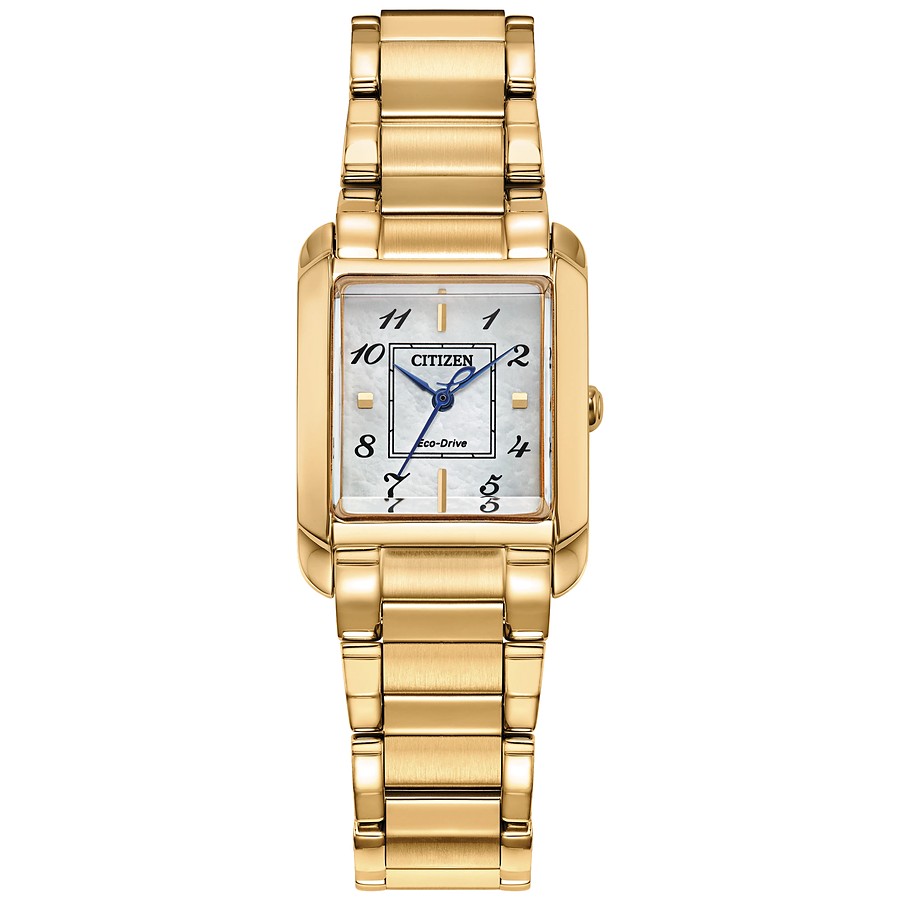 Citizen Eco-Drive Damenuhr in Gold mit rechteckigem Gehäuse und Perlmutt-Zifferblatt bei Juwelier bouz