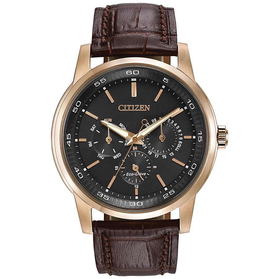 Citizen Eco-Drive Herrenuhr in Roségold mit schwarzem Zifferblatt und Lederband bei Juwelier bouz