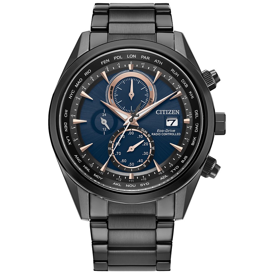 Citizen Eco-Drive Radio Controlled Weltzeit-Chronograph in Schwarz mit Roségold-Akzenten bei Juwelier bouz