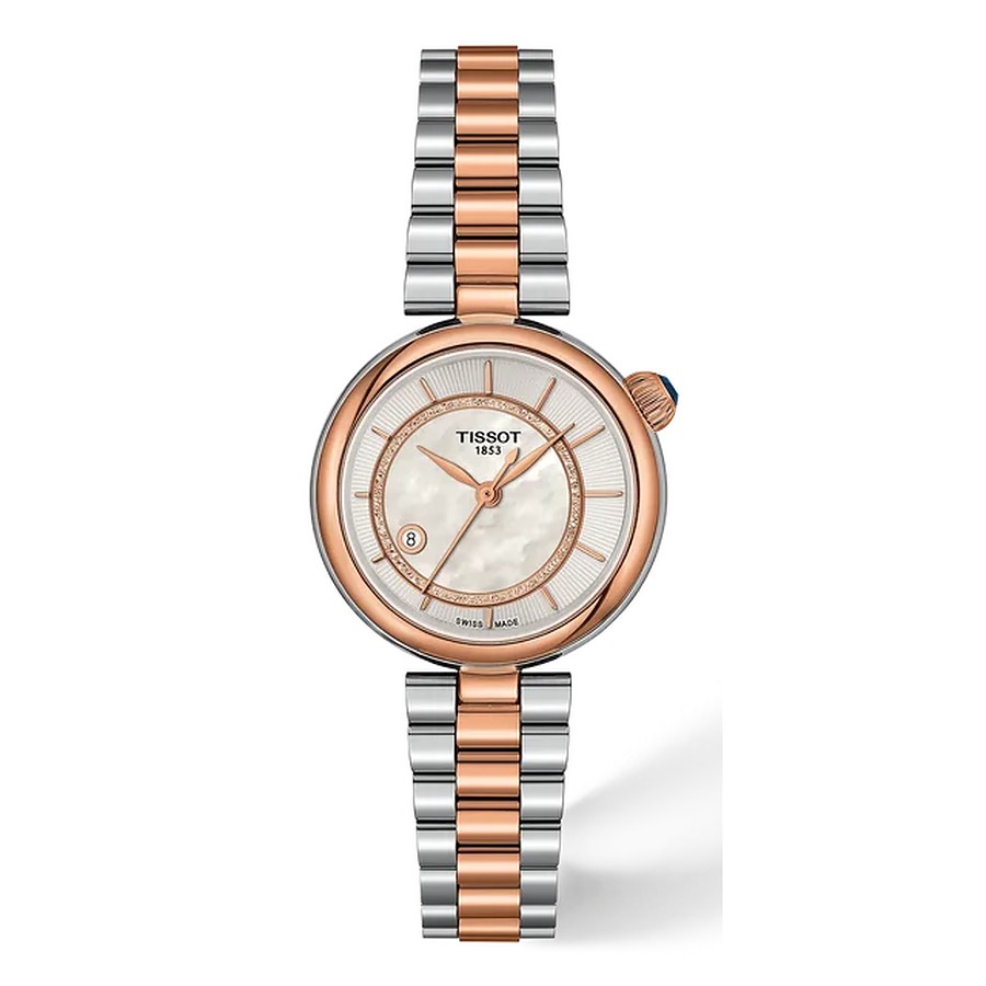 Tissot Damenuhr Bicolor mit Perlmutt-Zifferblatt und Diamant-Lünette bei Juwelier bouz