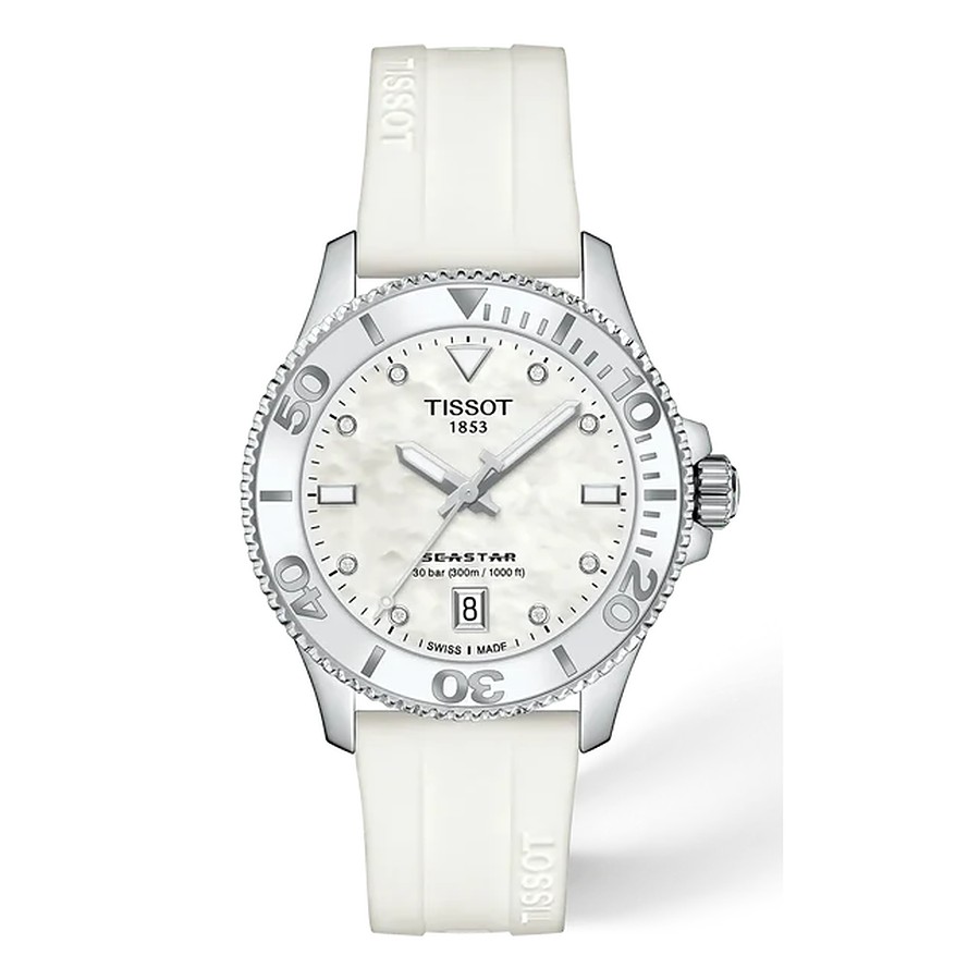 Tissot Seastar Damenuhr mit Perlmutt-Zifferblatt und weißem Silikonband bei Juwelier bouz